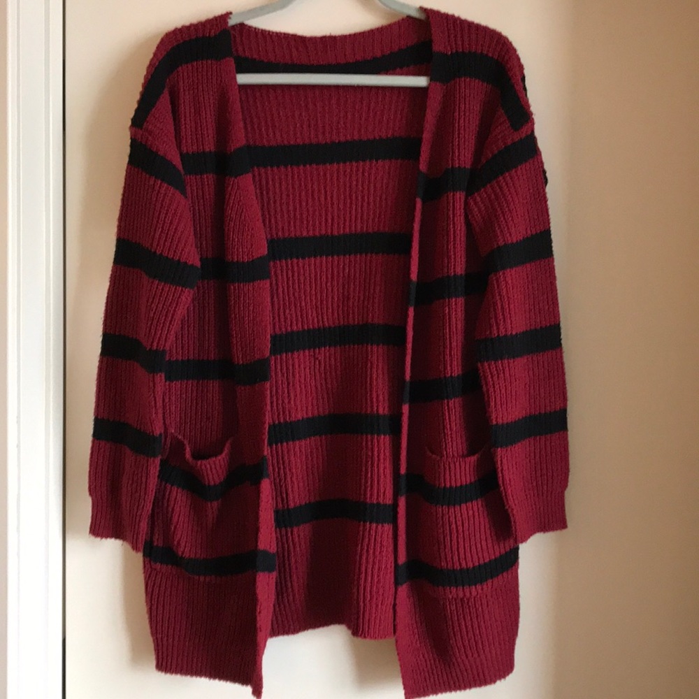 Open front black and red sweater